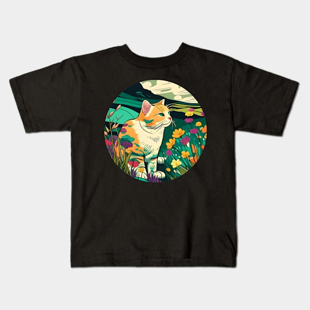 Happy Cat Filled With Flowers In The Field Colorful - Cat Lover Kids T-Shirt by WilliamHoraceBatezell